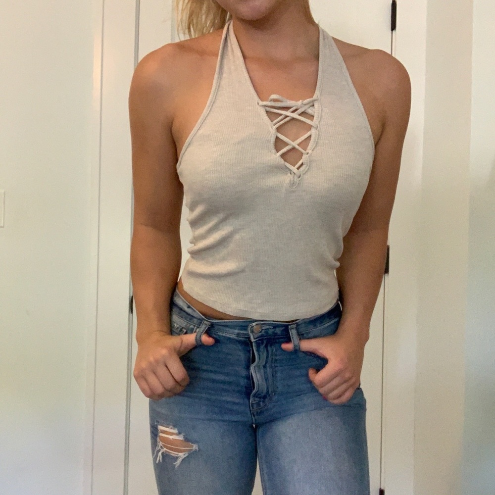 Open back oatmeal halter tank top (NEVER WORN)
